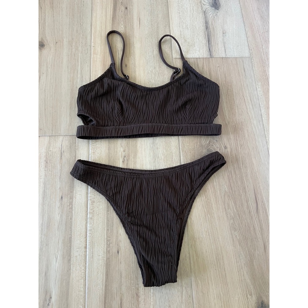 Zaful Brown Crinkle Textured Bikini Set Cut Out Top High Leg Bottoms Size M 6